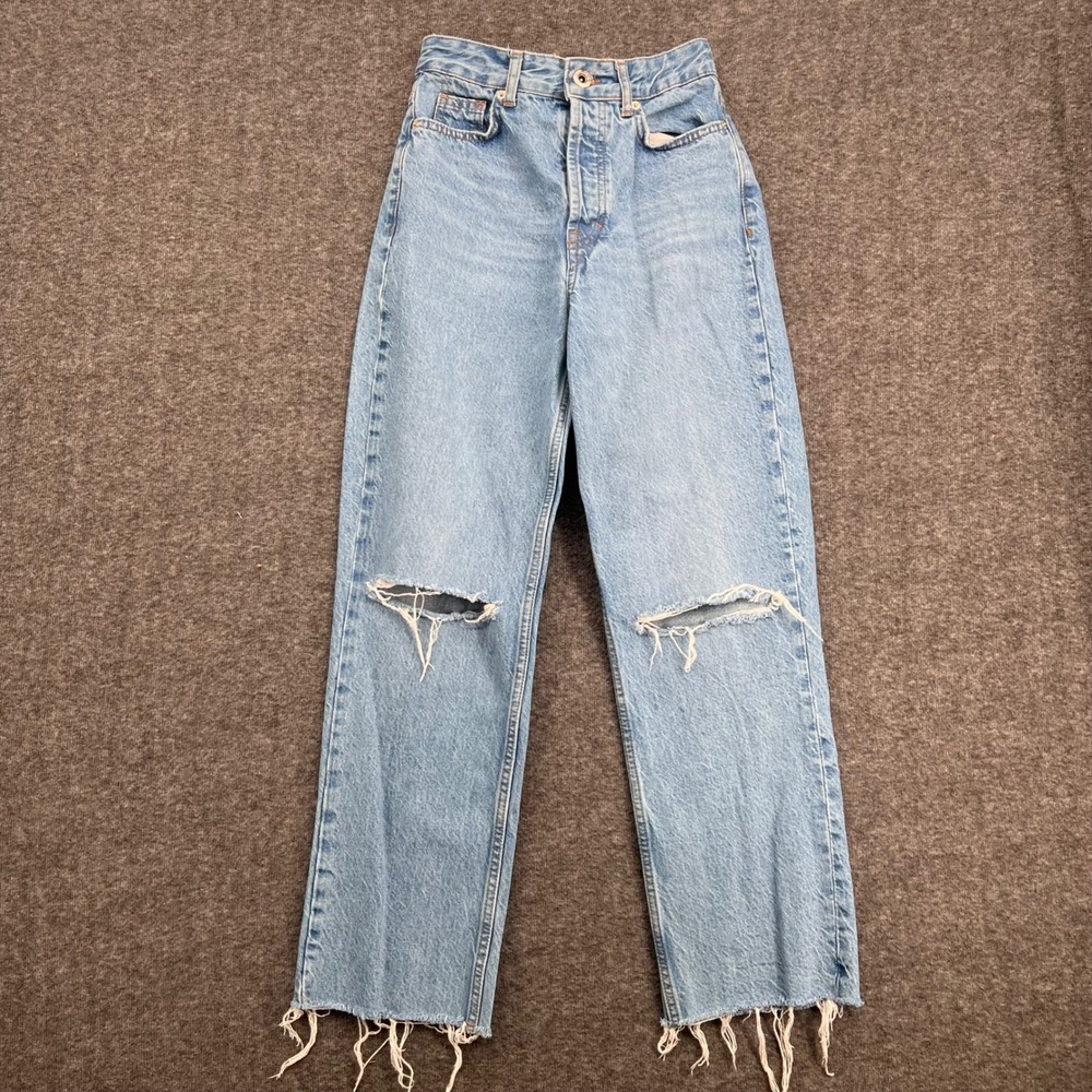 Zara Womens High Rise Straight Leg Distressed Jeans Light Wash Blue Frayed Hem